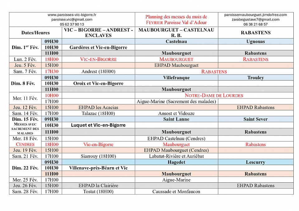 Planning des messes février 2026 paroisse val d'adour