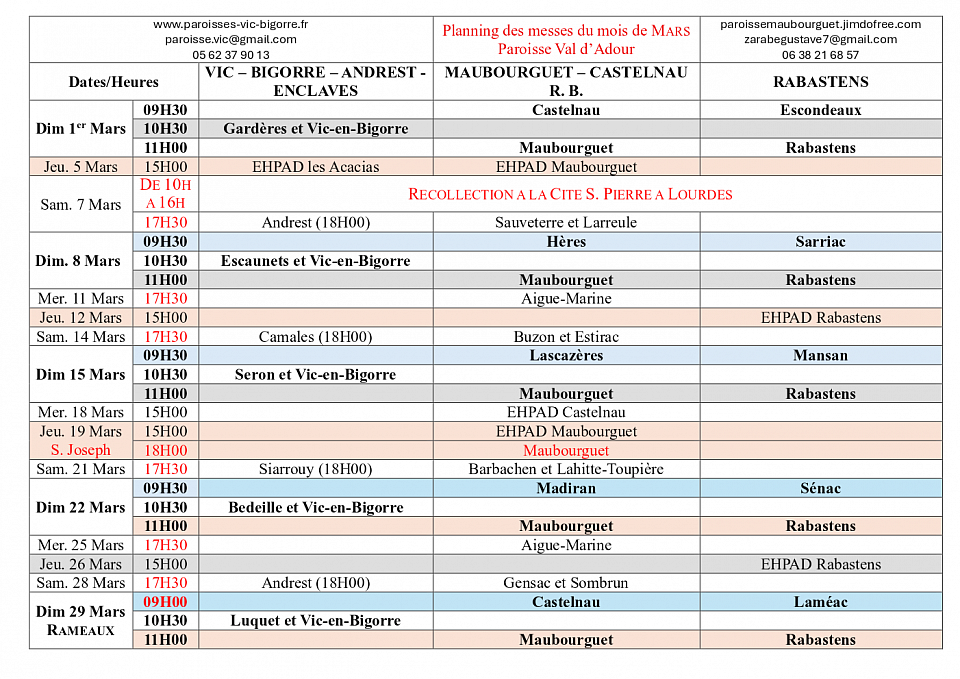 Messes mois mars 2026 paroisse Val d'Adour