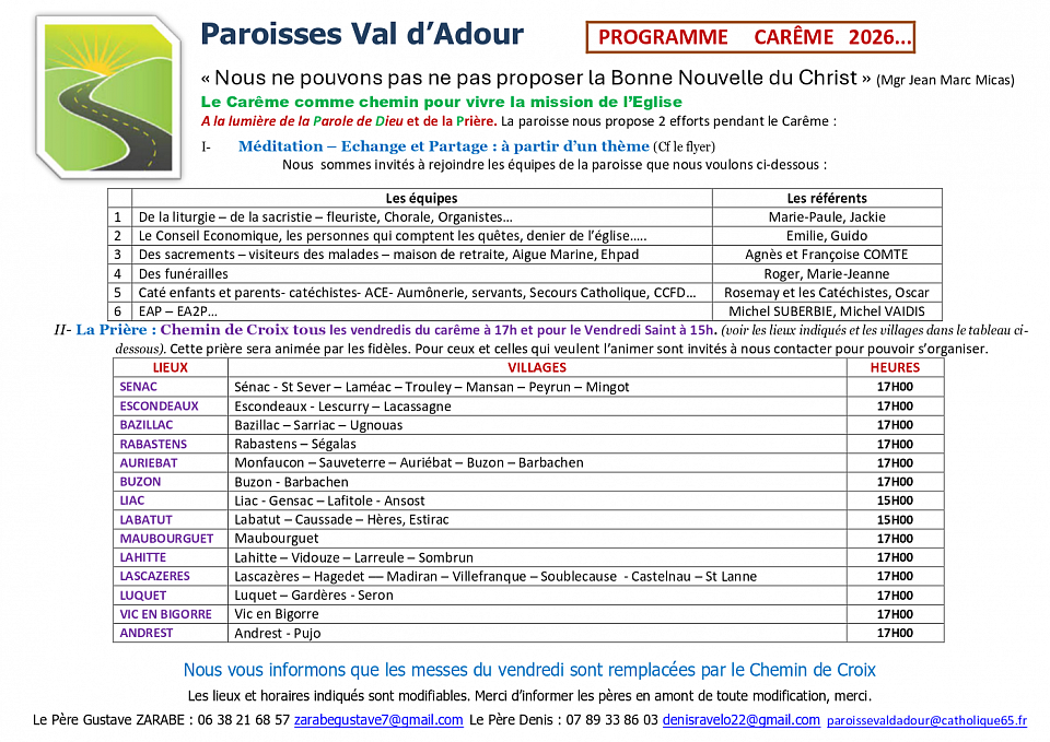 Programme Carême paroisse Val d'Adour Chemin de Croix échange et méditation en équipes