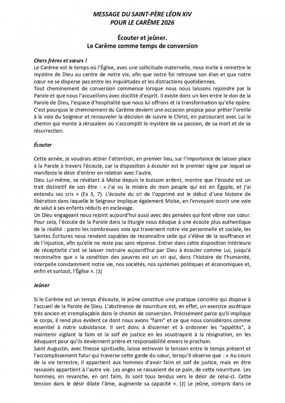 Message du Pape Leon 14 Carême