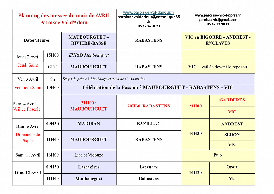 Planning des messes du mois d'avril pour la paroisse Val d'Adour