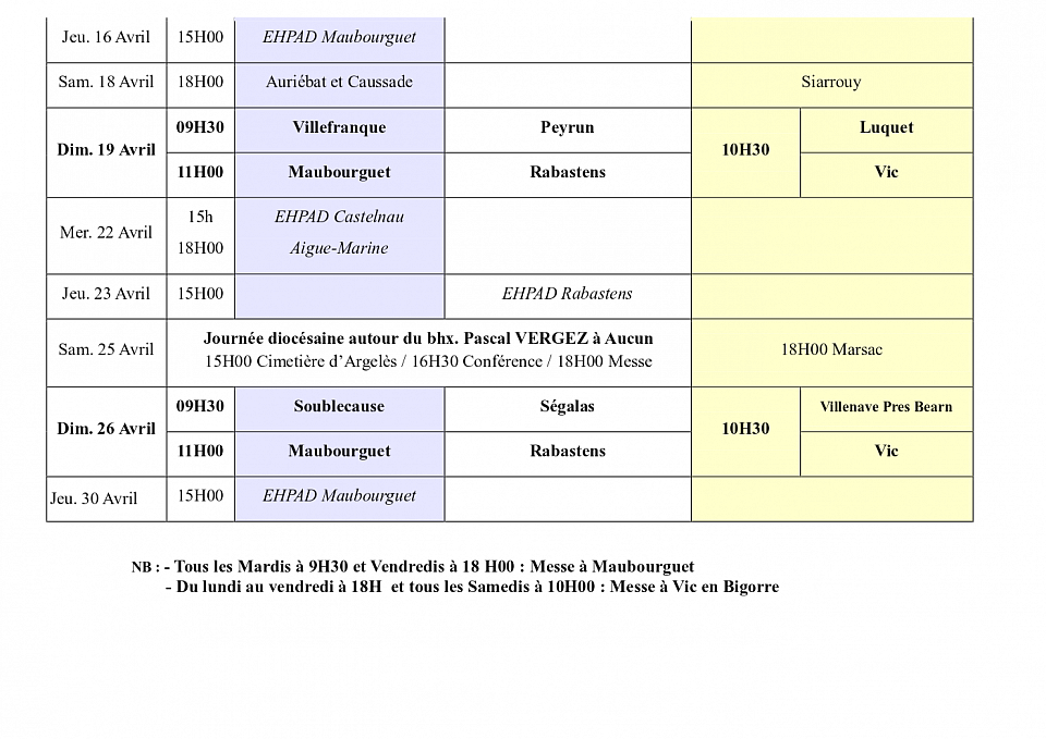 Planning des messes du mois d'avril pour la paroisse Val d'Adour