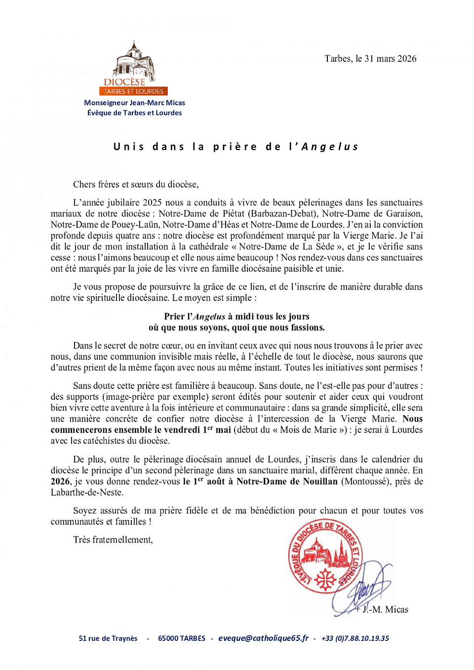 Lettre Monseigneur Micas évêque Tarbes Lourdes Priez Angelus mois de mai