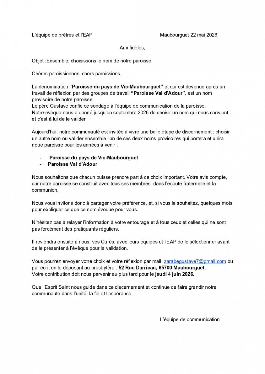 Lettre aux paroissiens et paroissiennes concernant le nom de la paroisse