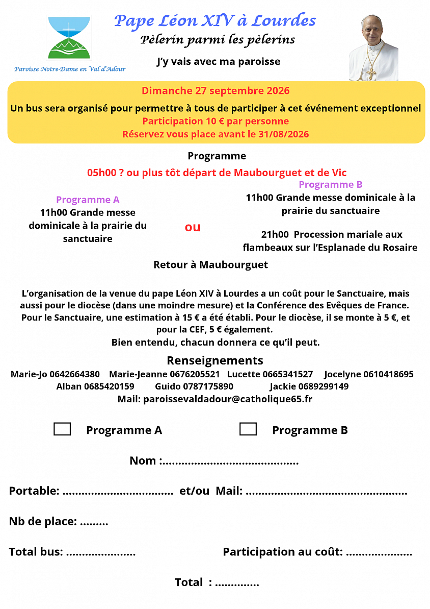 Bulletin d'inscription pape Léon XIV à Lourdes