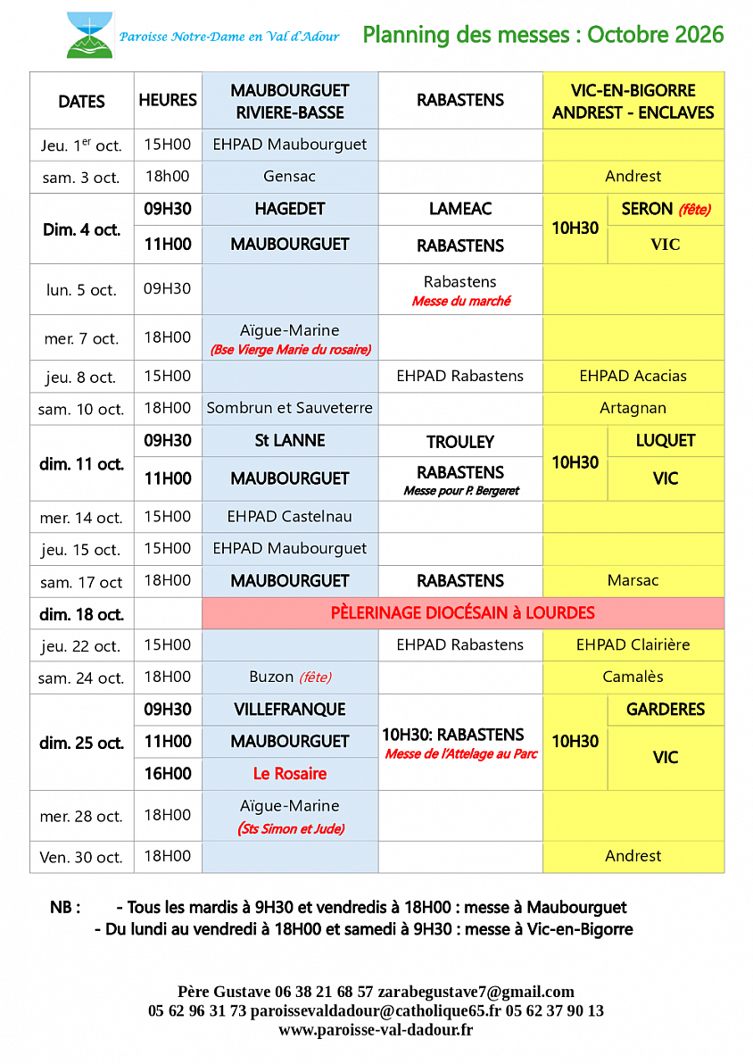 Planning des messes mois d'octobre paroisse Notre-Dame en Val d'Adour