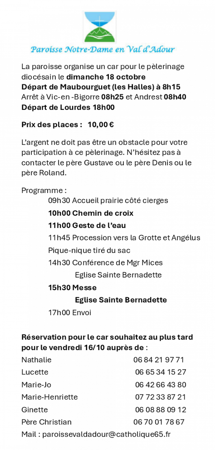Pèlerinage paroisse Notre-Dame en Val d'Adour dimanche 18 octobre inscription bus