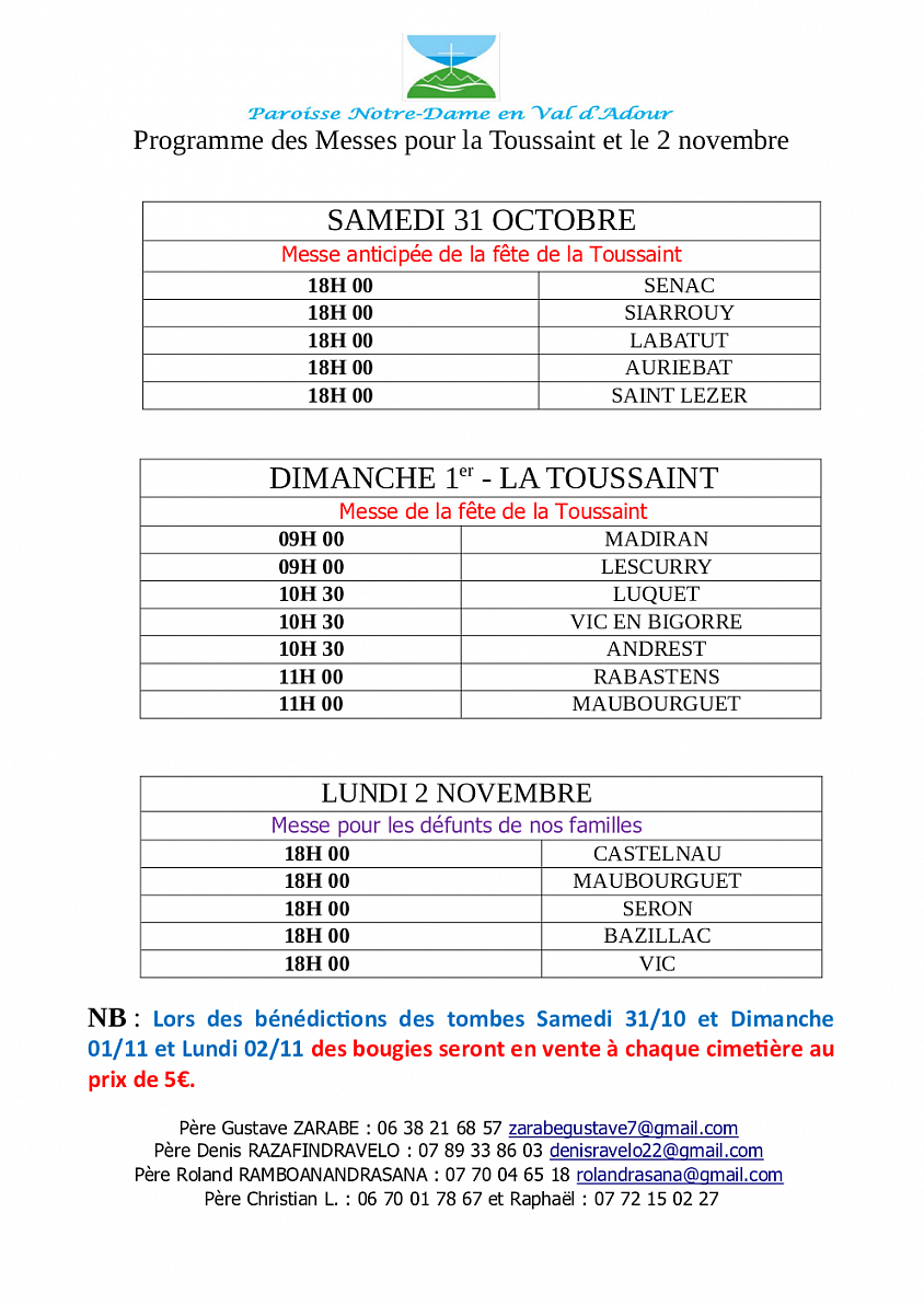 Programme des Messes pour la Toussaint et le 2 novembre paroisse Notre-Dame en Val d'Adour