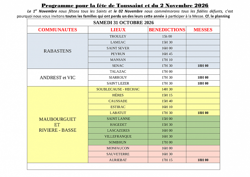 Programme des messes et prières aux cimetières pour la fête de Toussaint et du 2 Novembre 2026 paroisse Notre-Dame en Val d'Adour